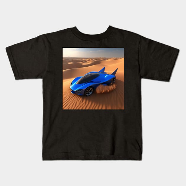 A Blue Sports Car Driving Through The Desert Kids T-Shirt by Musical Art By Andrew